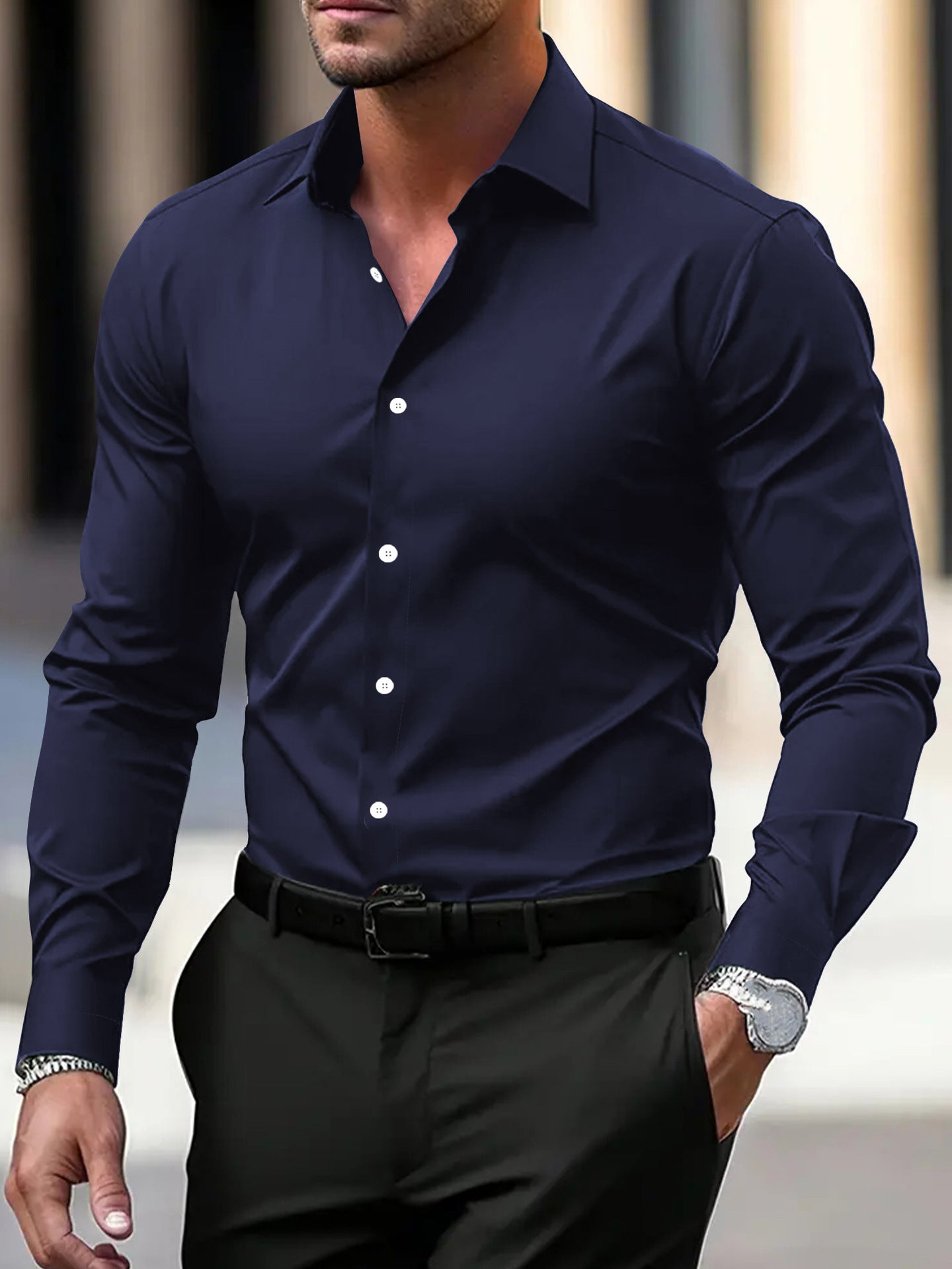 Men’s Long Sleeve Button Down Shirt – Solid Color Business Casual Lapel Top for Summer & Vacation Wear