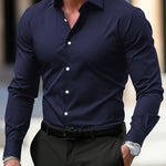 Men’s Long Sleeve Button Down Shirt – Solid Color Business Casual Lapel Top for Summer & Vacation Wear