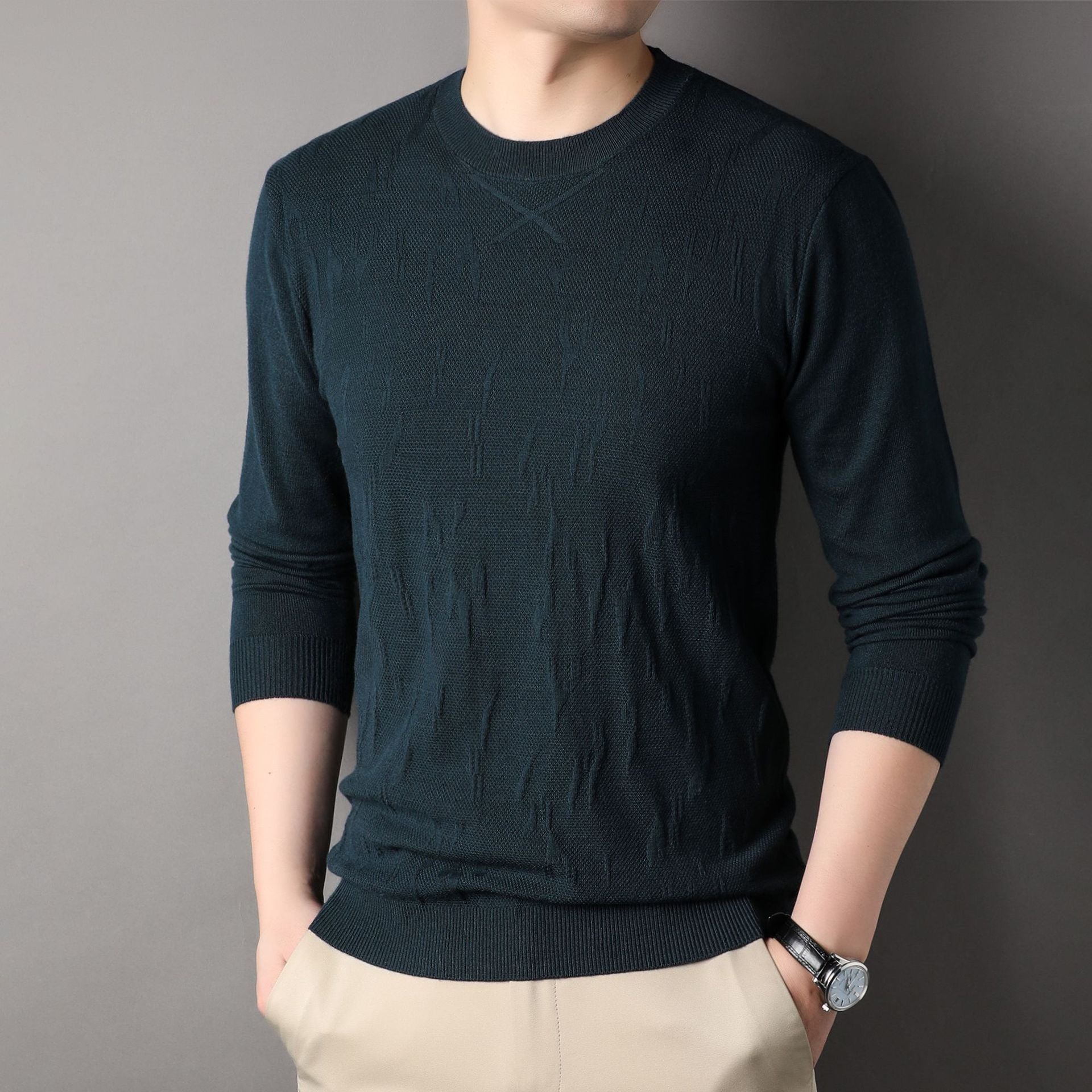 Spring & Autumn Men's Sweater – Loose Fit Solid Color Long Sleeve Pullover for Middle-aged Men