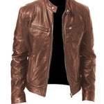 Men’s Zip-Up PU Leather Cardigan Jacket – Stand Collar Short Coat with Pockets and Stylish Fit