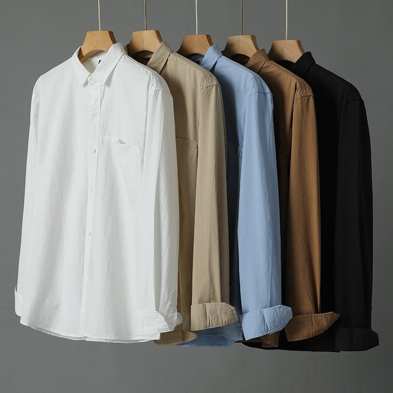 Casual Solid Color Cotton Long Sleeve Shirt for Men – Soft Comfortable Cardigan Style Daily Wear