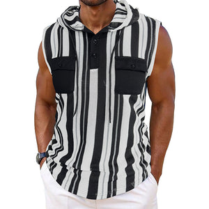 Men’s Striped Sleeveless Hooded Vest with Pocket | Casual Summer Streetwear Tank Top