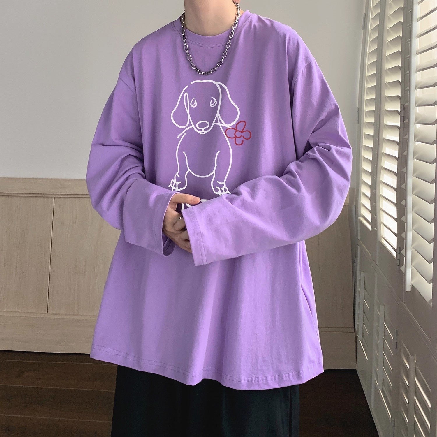Cartoon Puppy Printed Long Sleeve T-shirt - Casual Loose Pullover for Autumn | Available in Multiple Colors