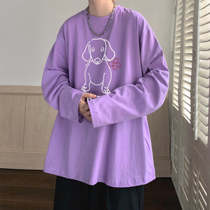Cartoon Puppy Printed Long Sleeve T-shirt - Casual Loose Pullover for Autumn | Available in Multiple Colors