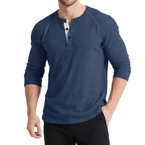 Men’s Retro Three-Button Color Block Sweater – Casual Cotton Blend Long Sleeve T-Shirt