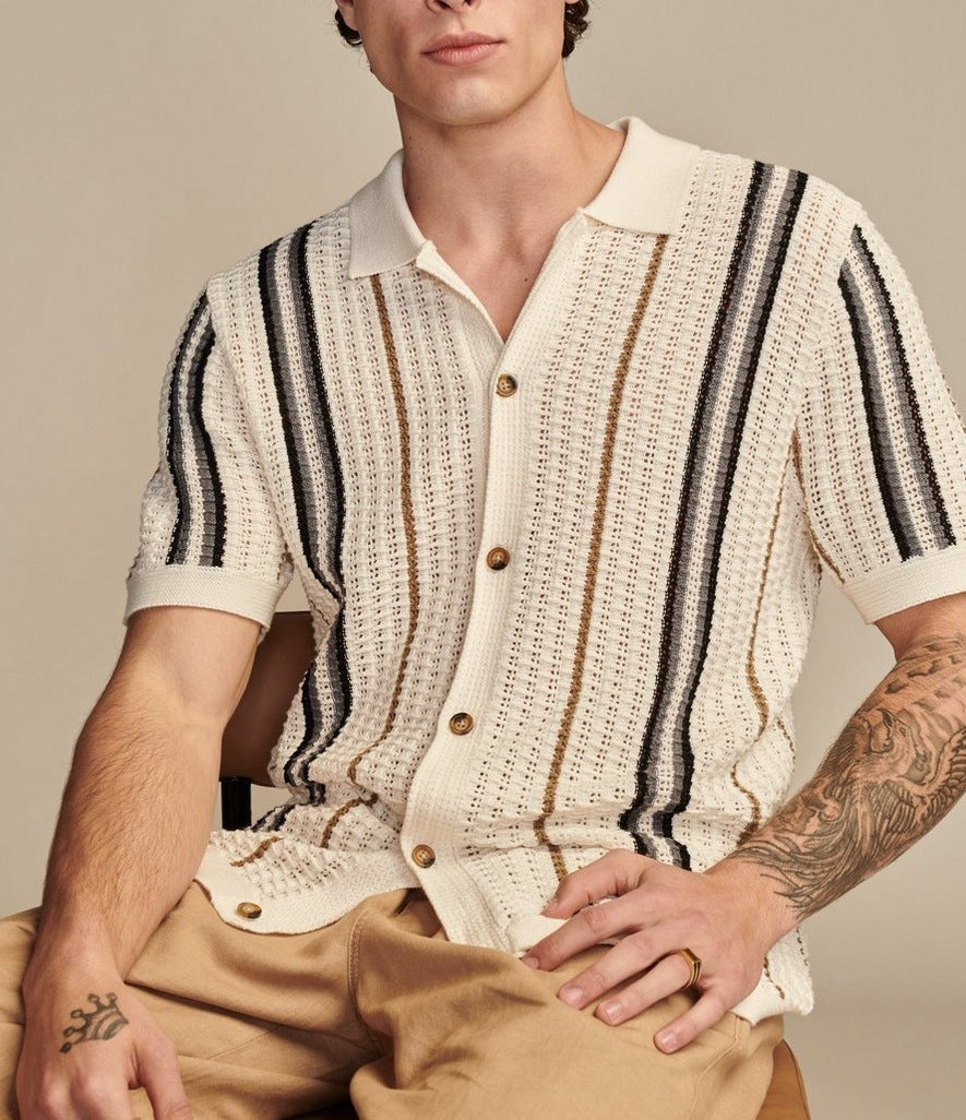 Men’s Hollow-out Knitted Polo Cardigan | Breathable Striped Short Sleeve Casual Shirt