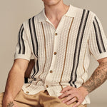 Men’s Hollow-out Knitted Polo Cardigan | Breathable Striped Short Sleeve Casual Shirt