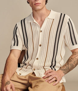 Men’s Hollow-out Knitted Polo Cardigan | Breathable Striped Short Sleeve Casual Shirt