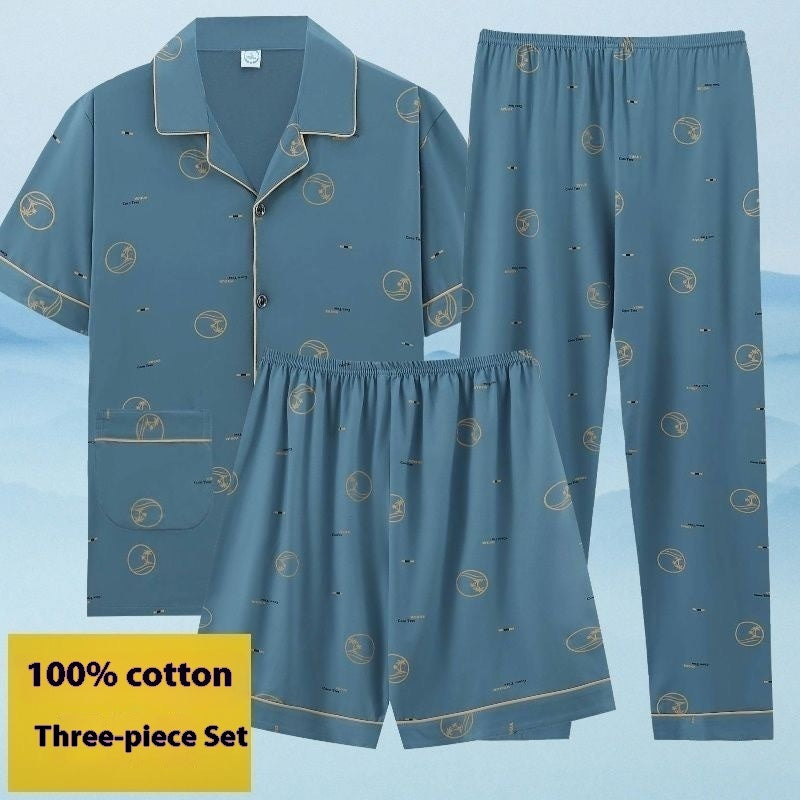 Men’s Summer Cotton Pajamas – Short Sleeve Shirt & Trousers Three-Piece Cartoon Set