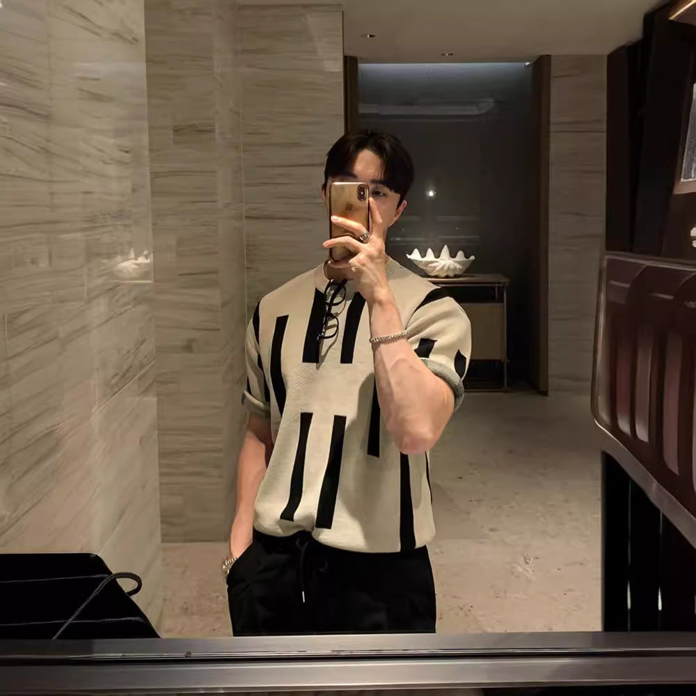 American High Street Round Neck Knitted Short Sleeve T-shirt for Men – Loose Fit Casual Harajuku Style Top