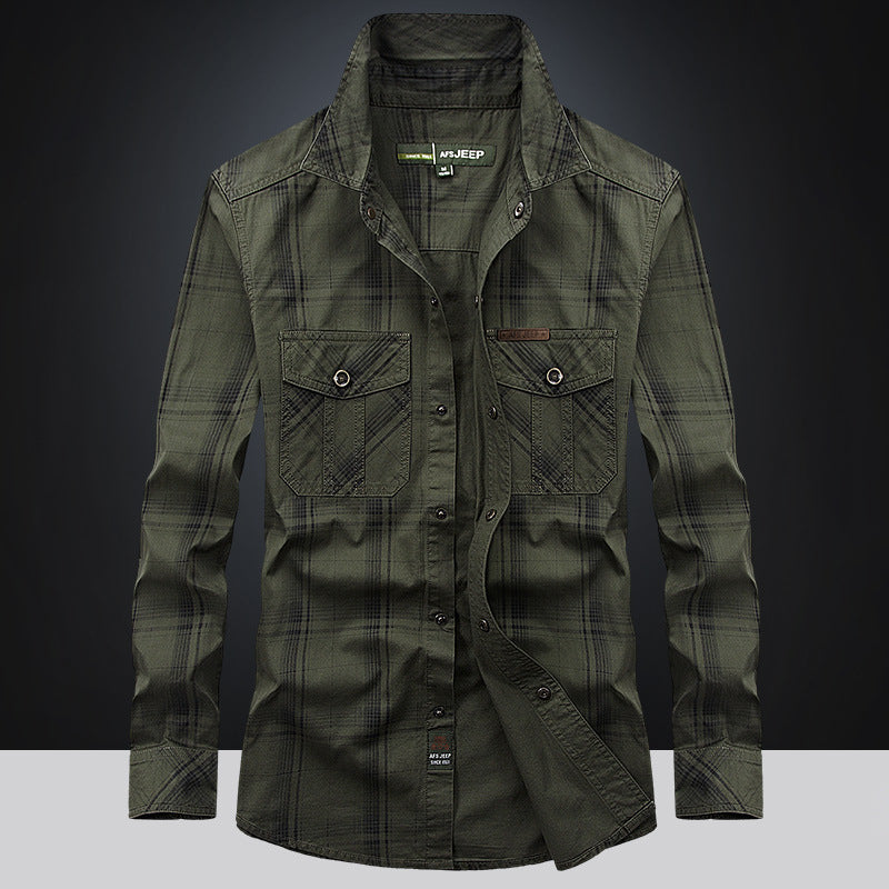 Men’s Plus Size Loose Cargo Cotton Shirt – Long Sleeve Casual Top in Khaki, Blue & Green