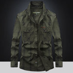 Men’s Plus Size Loose Cargo Cotton Shirt – Long Sleeve Casual Top in Khaki, Blue & Green