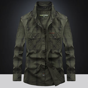 Men’s Plus Size Loose Cargo Cotton Shirt – Long Sleeve Casual Top in Khaki, Blue & Green
