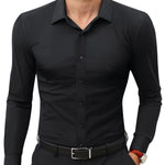 Men’s Full Elastic Long Sleeve Shirt – Simple Solid Color Stretch Cardigan for Daily Wear