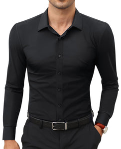 Men’s Full Elastic Long Sleeve Shirt – Simple Solid Color Stretch Cardigan for Daily Wear