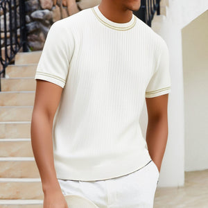 Men's Complex Knitwear Short Sleeve T-shirt – Slim Fit Round Neck Striped Top for Youth