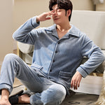 Men’s Coral Fleece Cardigan Pajamas – Long Sleeve Homewear Set, Warm and Comfortable for Winter and All Seasons