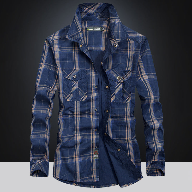 Men’s Plus Size Loose Cargo Cotton Shirt – Long Sleeve Casual Top in Khaki, Blue & Green