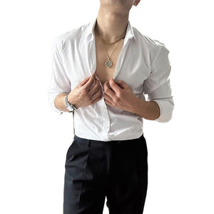 Men’s Lace-Up Long Sleeve Shirt – Casual Loose Fit Linen Silk Blend Top in Black, White & Gray