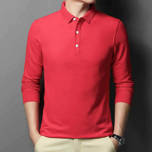Casual Classic Solid Color Long Sleeve Polo Shirt for Men – Comfortable Cotton Blend Top