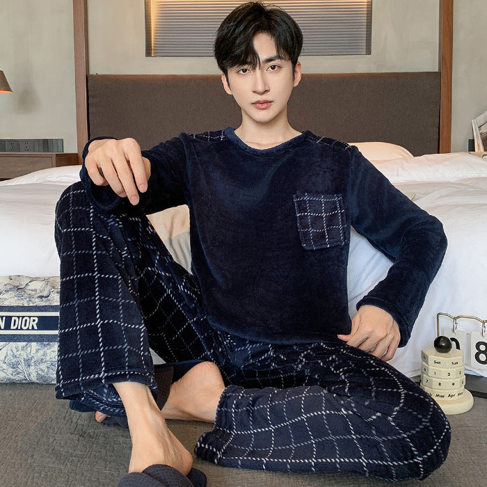 Men’s Coral Fleece Winter Pajamas – Thickened Flannel Lined Long-Sleeve Top & Trousers | Warm Homewear Suit