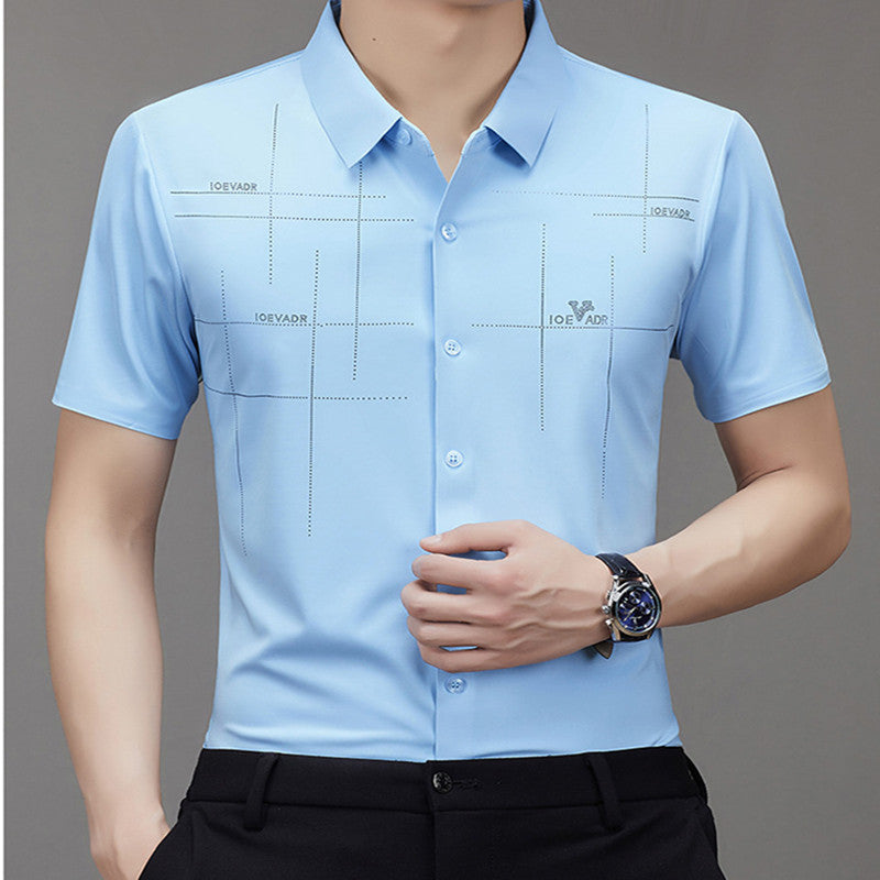 Men’s Seamless Short Sleeve Business Shirt – Lightweight Striped Summer Office Top for Smart Casual Style