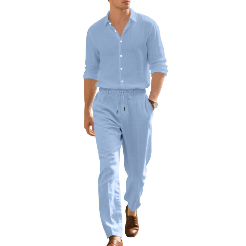 Loose Casual Long Sleeves Shirt and Trousers Two-Piece Set for Men – Lightweight Linen Outfit