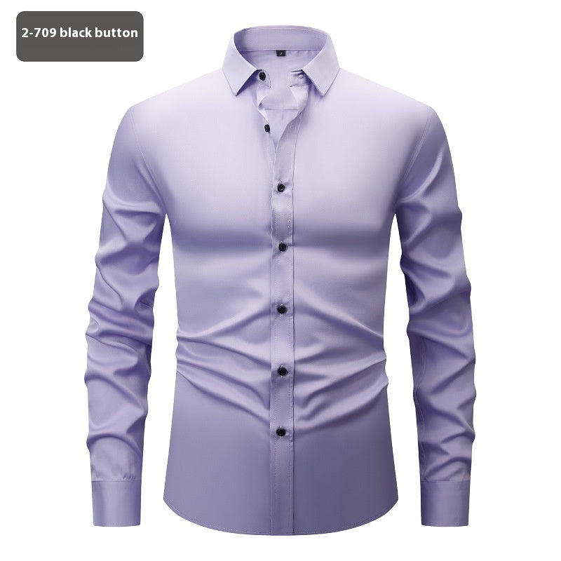 Men’s Long Sleeve Stretch Shirt – Fashionable Solid Color Loose Fit Top for Casual & Daily Wear