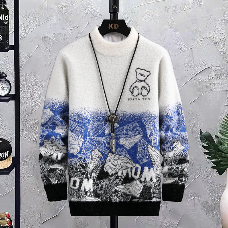 Men’s Patchwork Hip Hop Crew Neck Sweater – Loose Fit Thick Cotton Pullover, Winter Casual Top