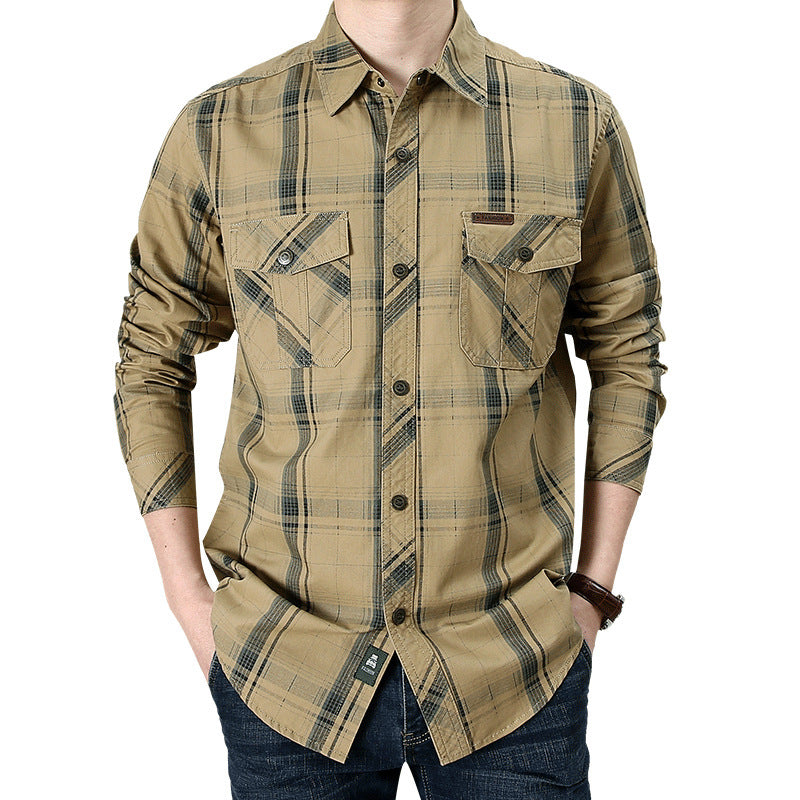 Men’s Plus Size Loose Cargo Cotton Shirt – Long Sleeve Casual Top in Khaki, Blue & Green