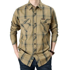 Men’s Plus Size Loose Cargo Cotton Shirt – Long Sleeve Casual Top in Khaki, Blue & Green