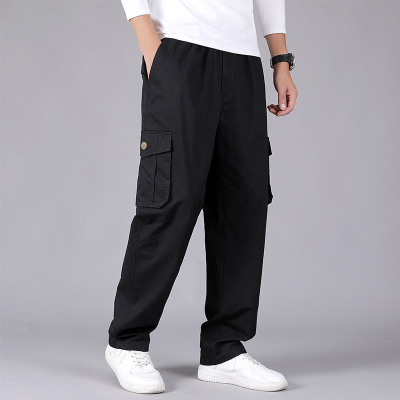 Men’s Korean Style Thin Fat Pants – Loose Straight Leg, Multi-Pocket, Cotton Trousers for Casual and Outdoor Wear