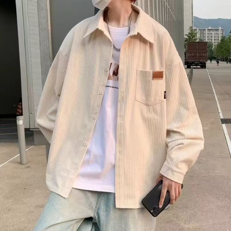 Men’s Loose American Retro Corduroy Shirt – Long Sleeve Polyester Casual Top for Everyday Wear