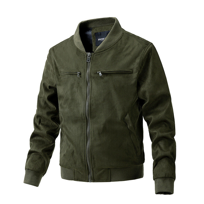 Men’s Suede Stand Collar Jacket – Casual Double Zipper Pocket Coat for Autumn & Daily Wear