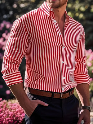 Ins Stripe Printed Long Sleeve Shirt for Men – Casual Loose Lapel Button Top Fashion Daily Wear