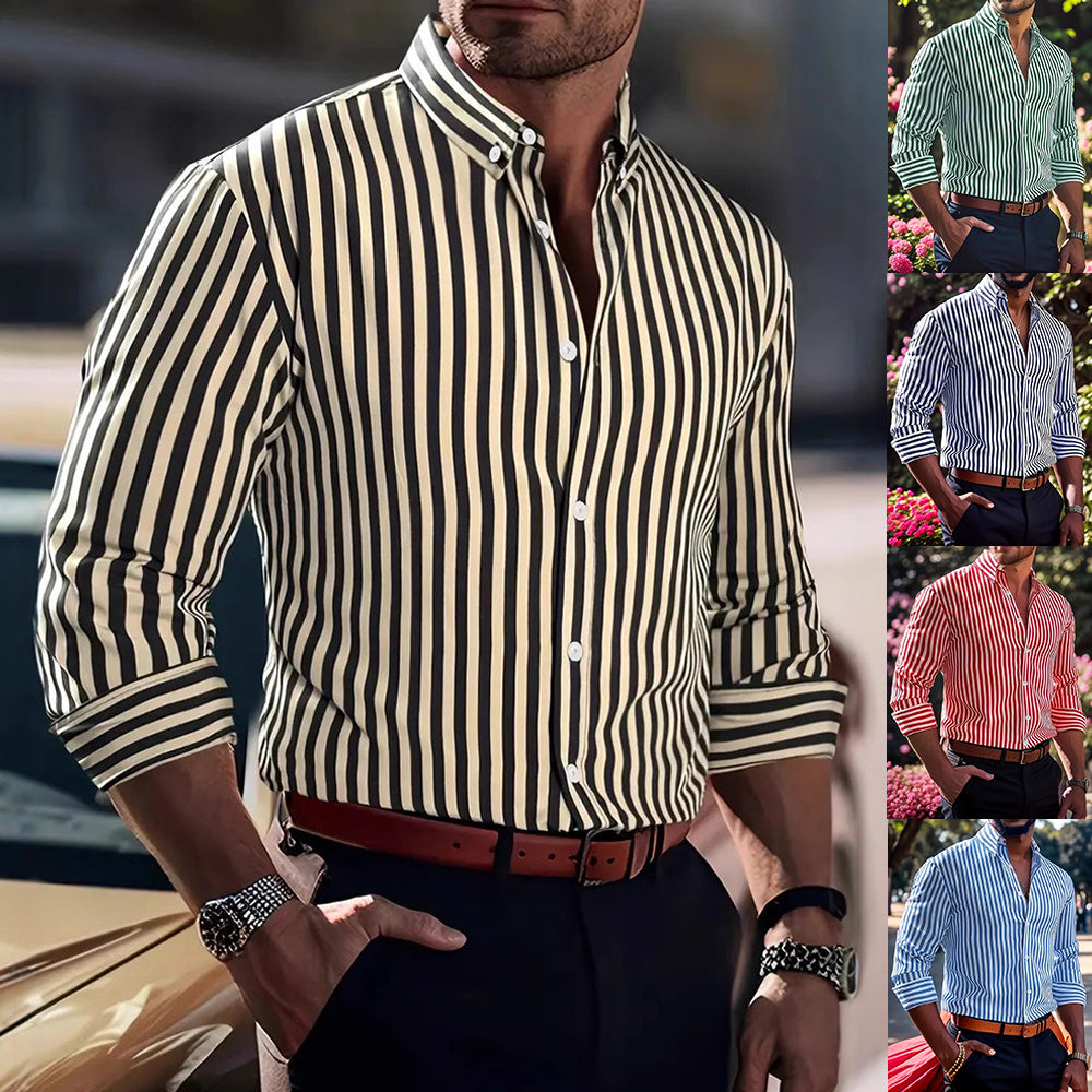 Ins Stripe Printed Long Sleeve Shirt for Men – Casual Loose Lapel Button Top Fashion Daily Wear