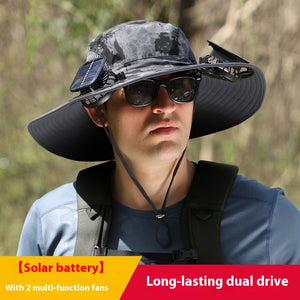 Outdoor Wide Brim Sun Hat With Solar Fan – USB Charging, Adjustable, Breathable, Waterproof, Windproof, Summer Fishing Hat