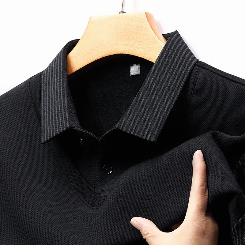 Men’s Business Casual Fake Two-Piece Striped Sleeve T-Shirt – Comfortable Polyester Blend for Daily Leisure