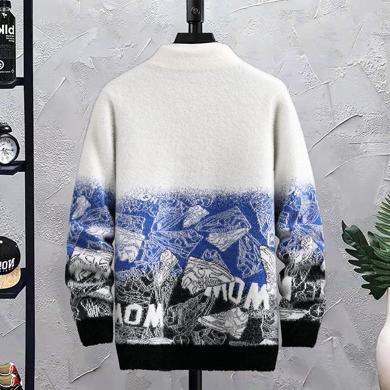 Men’s Patchwork Hip Hop Crew Neck Sweater – Loose Fit Thick Cotton Pullover, Winter Casual Top
