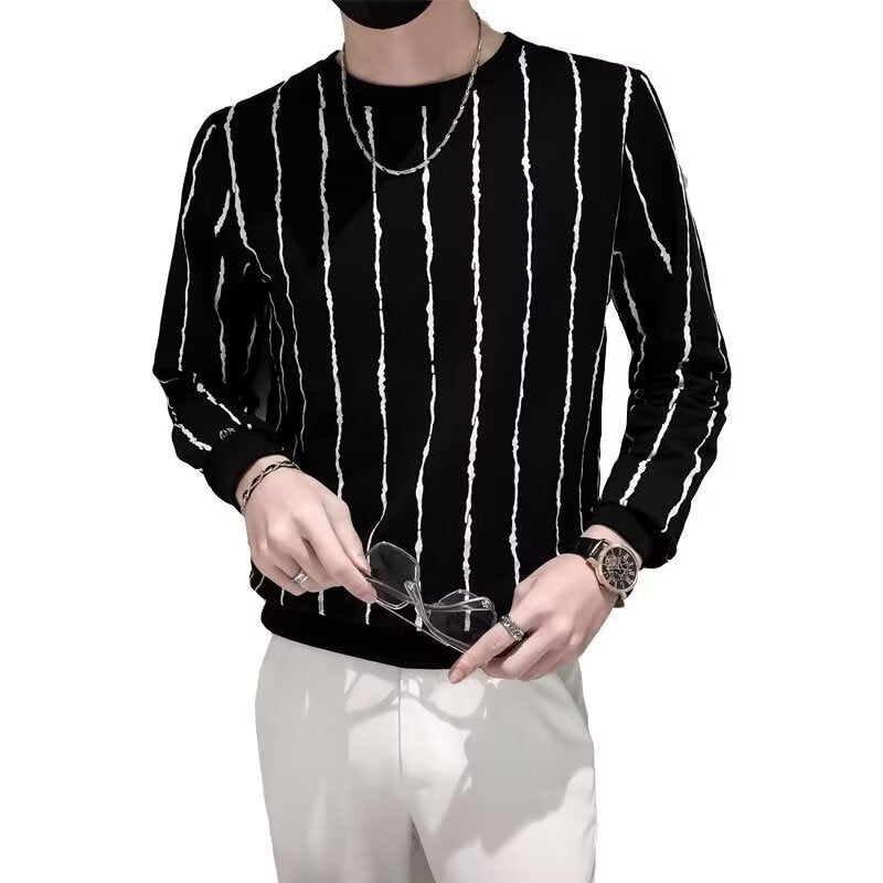 Men’s Niche Round Neck Slim-Fit Striped Sweater – Lightweight Corduroy Pullover for Casual Style
