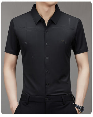 Men’s Seamless Short Sleeve Business Shirt – Lightweight Striped Summer Office Top for Smart Casual Style