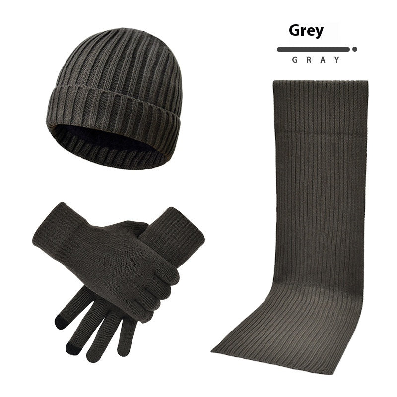 Men & Women Wool Hat Scarf Gloves Set – Thickened Knitted Winter Warm Three-Piece Set | Solid Color