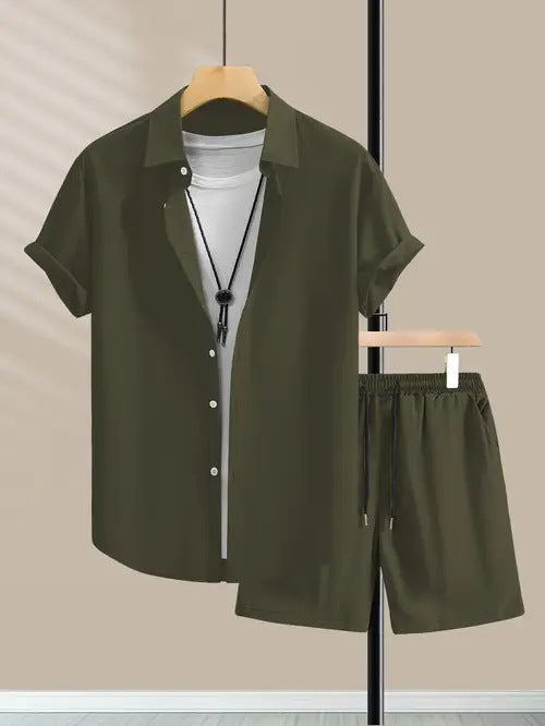 Men’s Casual Style Short Sleeve Shirt & Shorts Set – Simple Summer Outfit for Daily Comfort