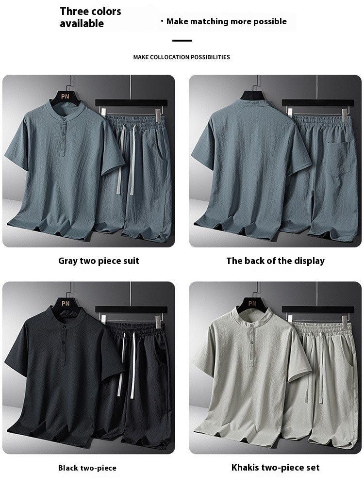 Men’s National Style Cotton Linen Two-Piece Set – Casual Summer Short Sleeve Shirt & Shorts for Daily Comfort