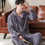 Men’s Coral Fleece Cardigan Pajamas – Long Sleeve Homewear Set, Warm and Comfortable for Winter and All Seasons
