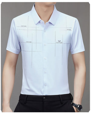 Men’s Seamless Short Sleeve Business Shirt – Lightweight Striped Summer Office Top for Smart Casual Style