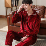 Men’s Coral Fleece Cardigan Pajamas – Long Sleeve Homewear Set, Warm and Comfortable for Winter and All Seasons