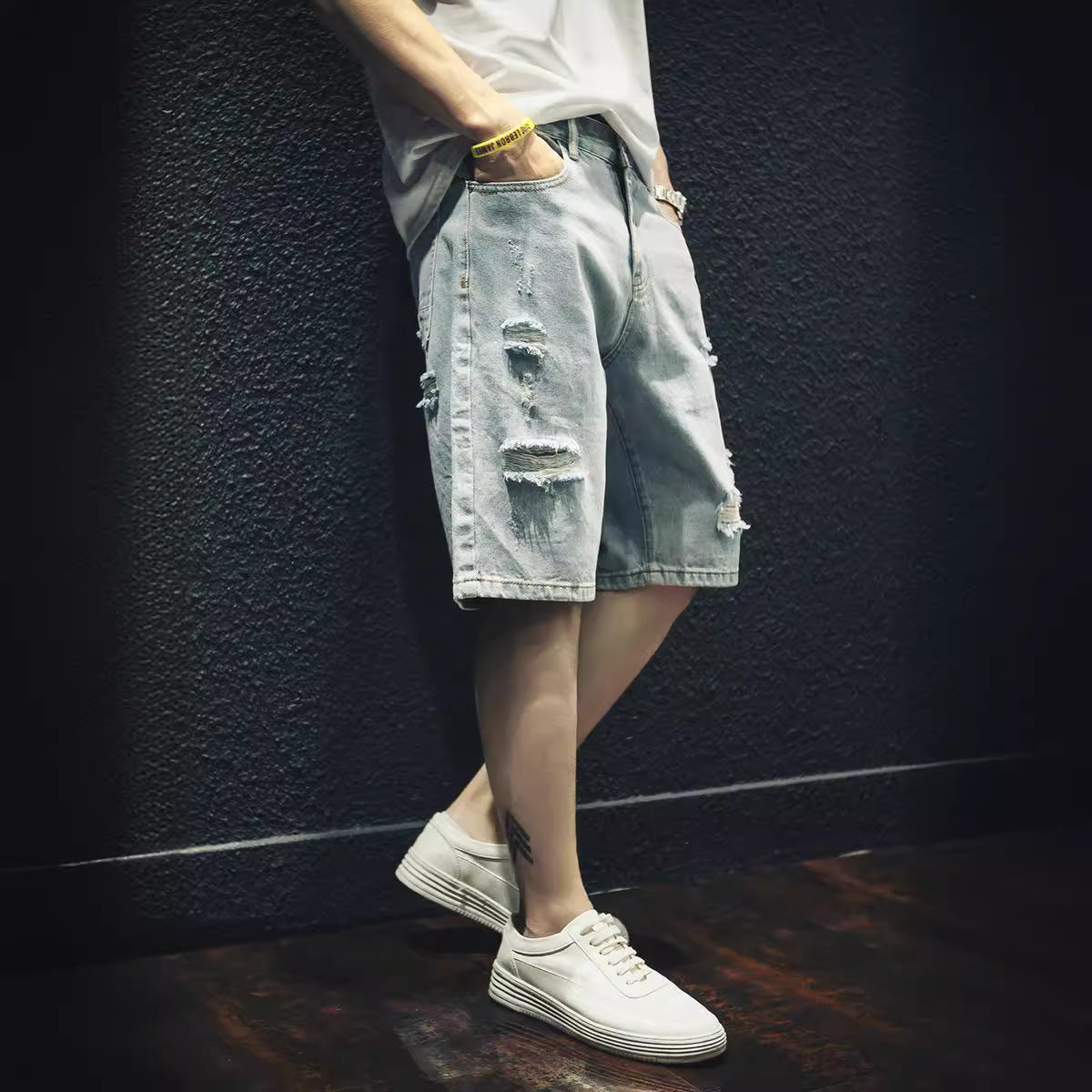 Ripped Denim Outer Wear Fifth Pants