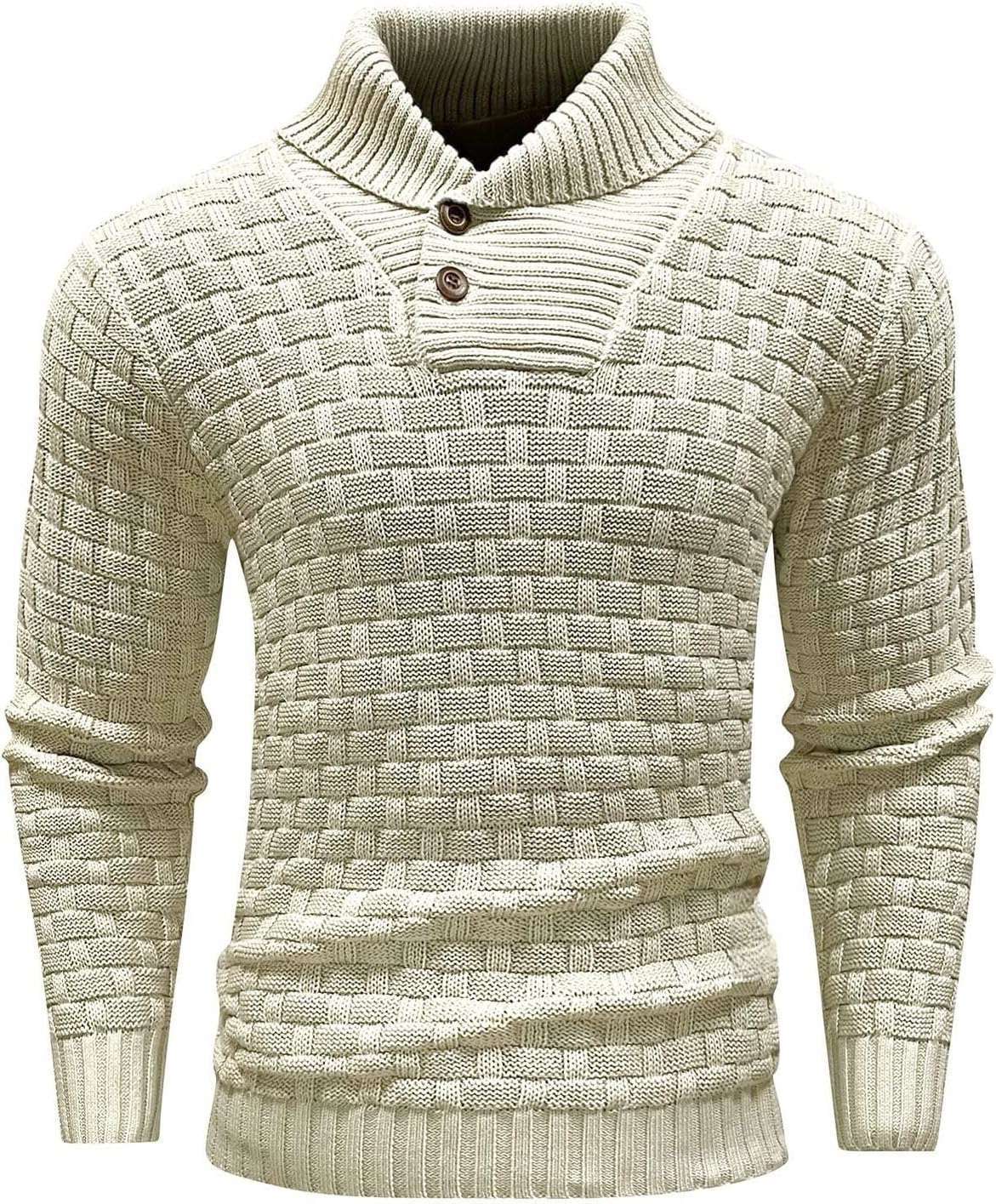 Men’s Slim Turtleneck Sweater – Button Design Pullover, Thick Solid Color Casual Fashion Top