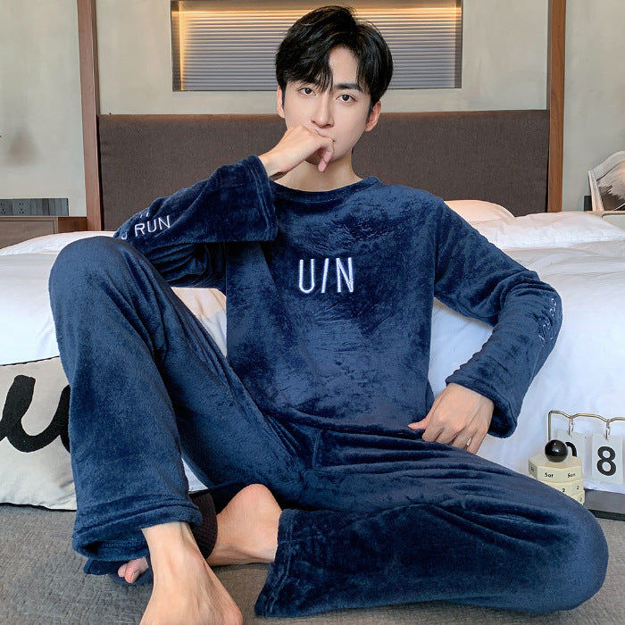 Men’s Coral Fleece Winter Pajamas – Thickened Flannel Lined Long-Sleeve Top & Trousers | Warm Homewear Suit
